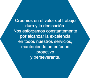 Creemos en el valor del trabajo duro y la dedicación. Nos esforzamos constantemente por alcanzar la excelencia en todos nuestros servicios, manteniendo un enfoque proactivo y perseverante.
