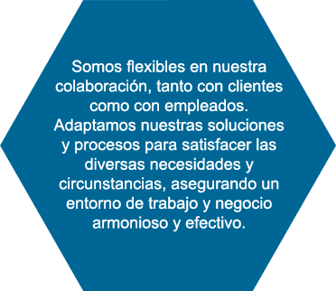 Somos flexibles en nuestra colaboración, tanto con clientes como con empleados. Adaptamos nuestras soluciones y procesos para satisfacer las diversas necesidades y circunstancias, asegurando un entorno de trabajo y negocio armonioso y efectivo.